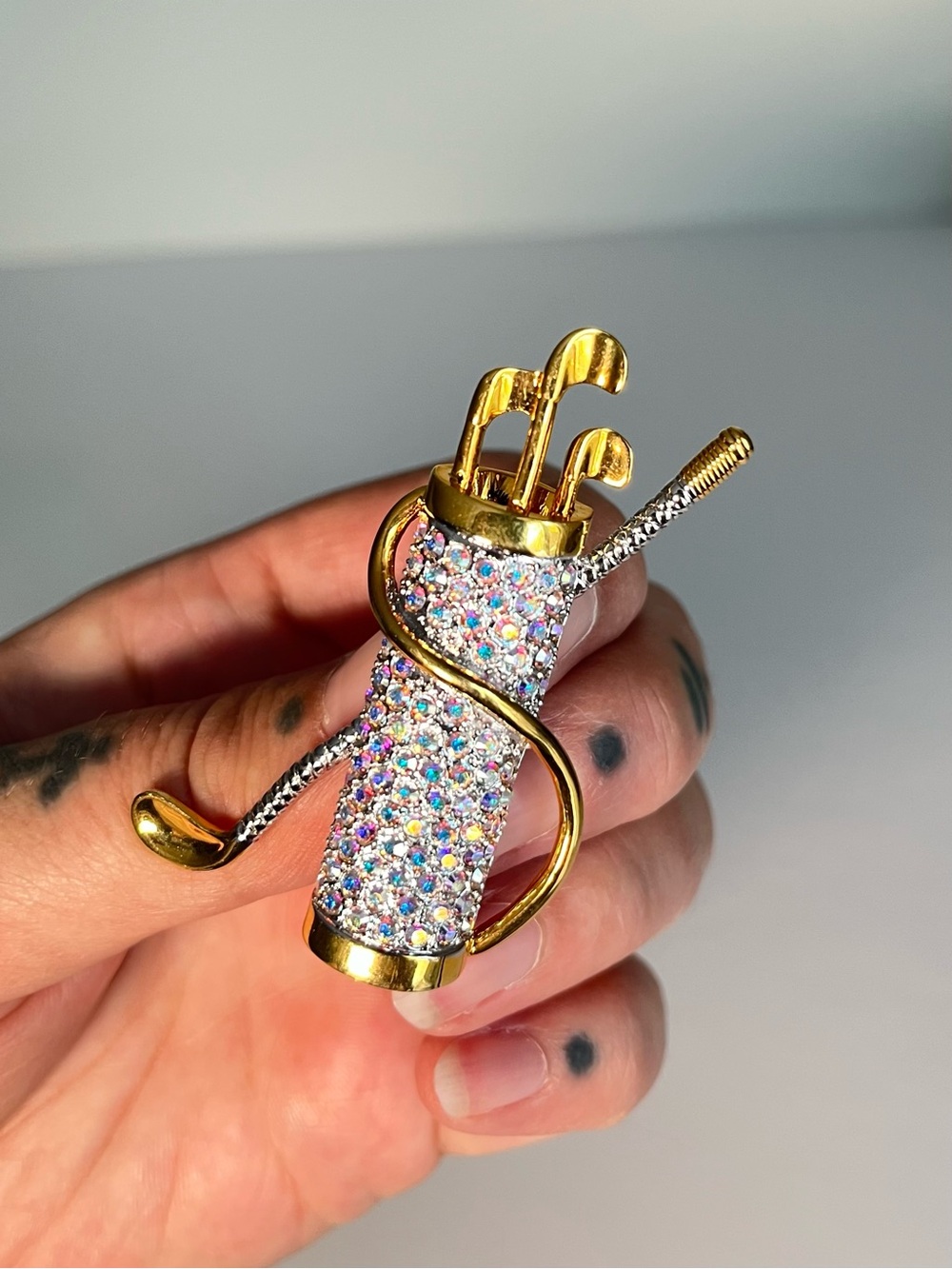 Butler Swarovski crystals golf brooch, British designer, 90s UK designer, Golfer